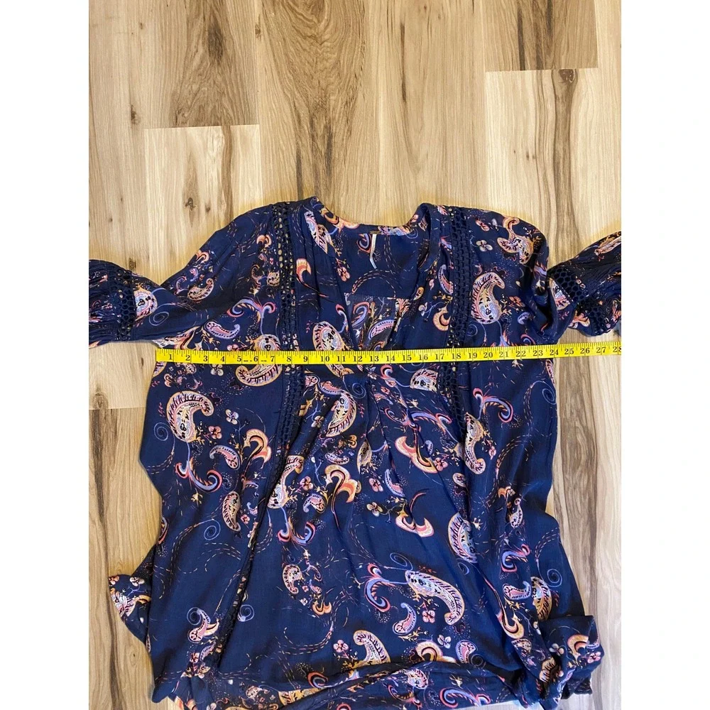 Free People Navy Floral Paisley Tunic Top Crochet Lace Balloon Sleeve Size M